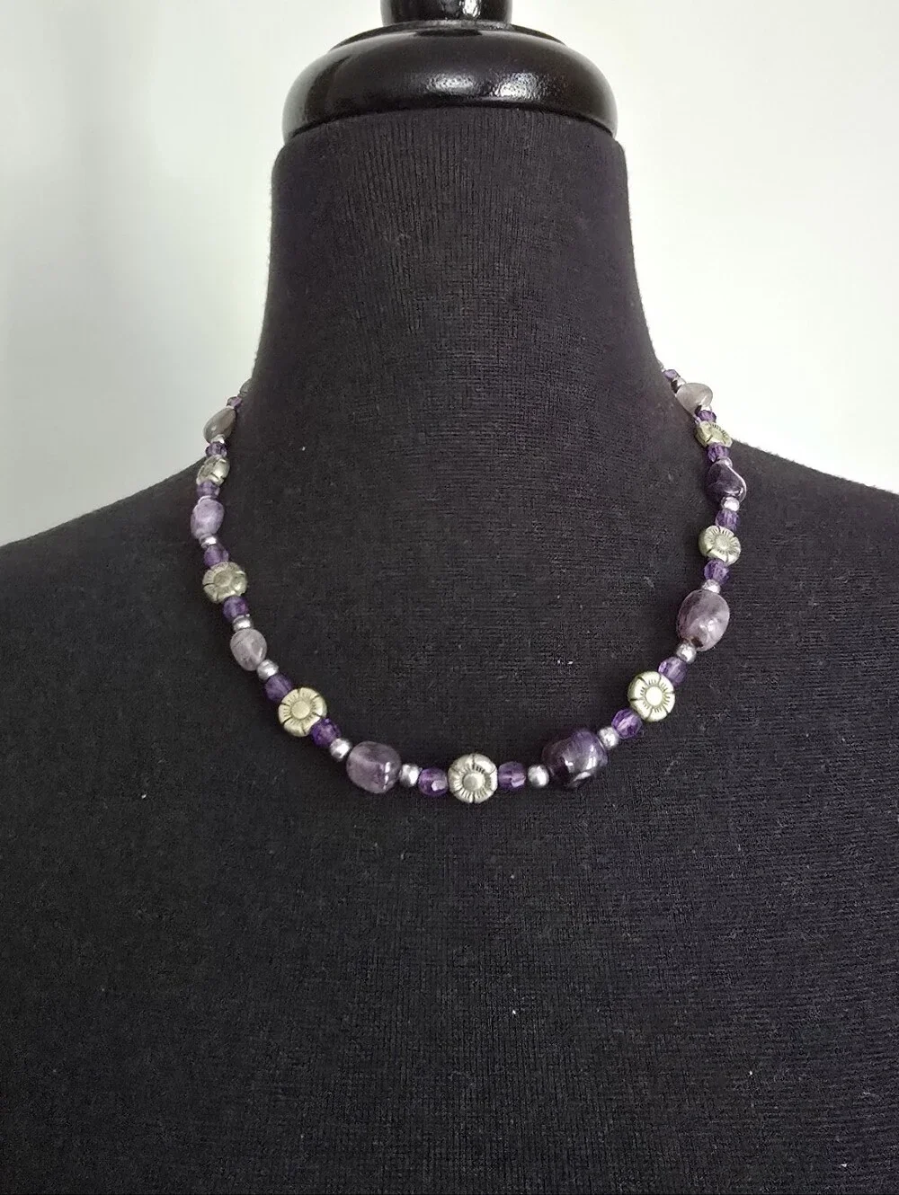 Handcrafted Amethyst Beaded Necklace with Silver Tone Flower Accents
